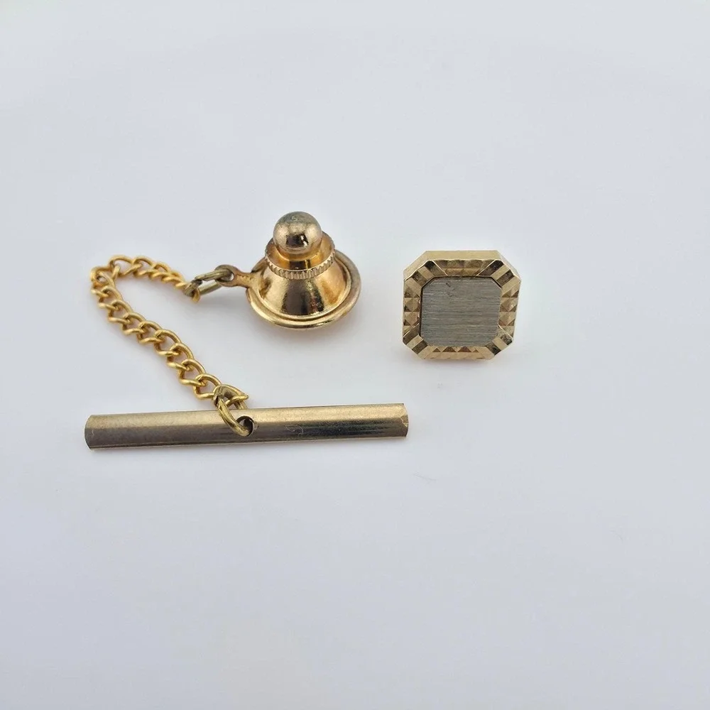 Vintage SWANK Tie Tack Clip Cufflink Set Diamond Cut Border Silver Gold Tone